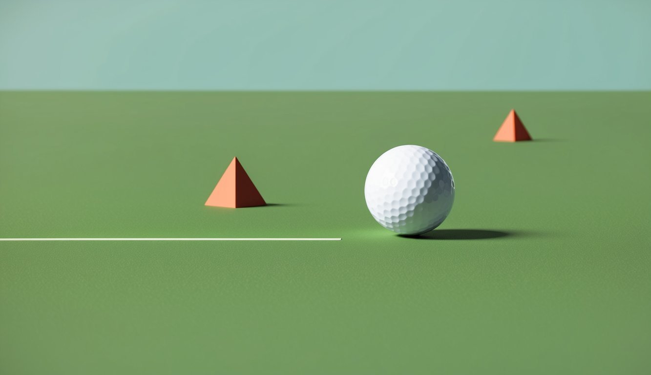 A lone golf ball rests on a simple green expanse, surrounded by a few strategically placed geometric shapes