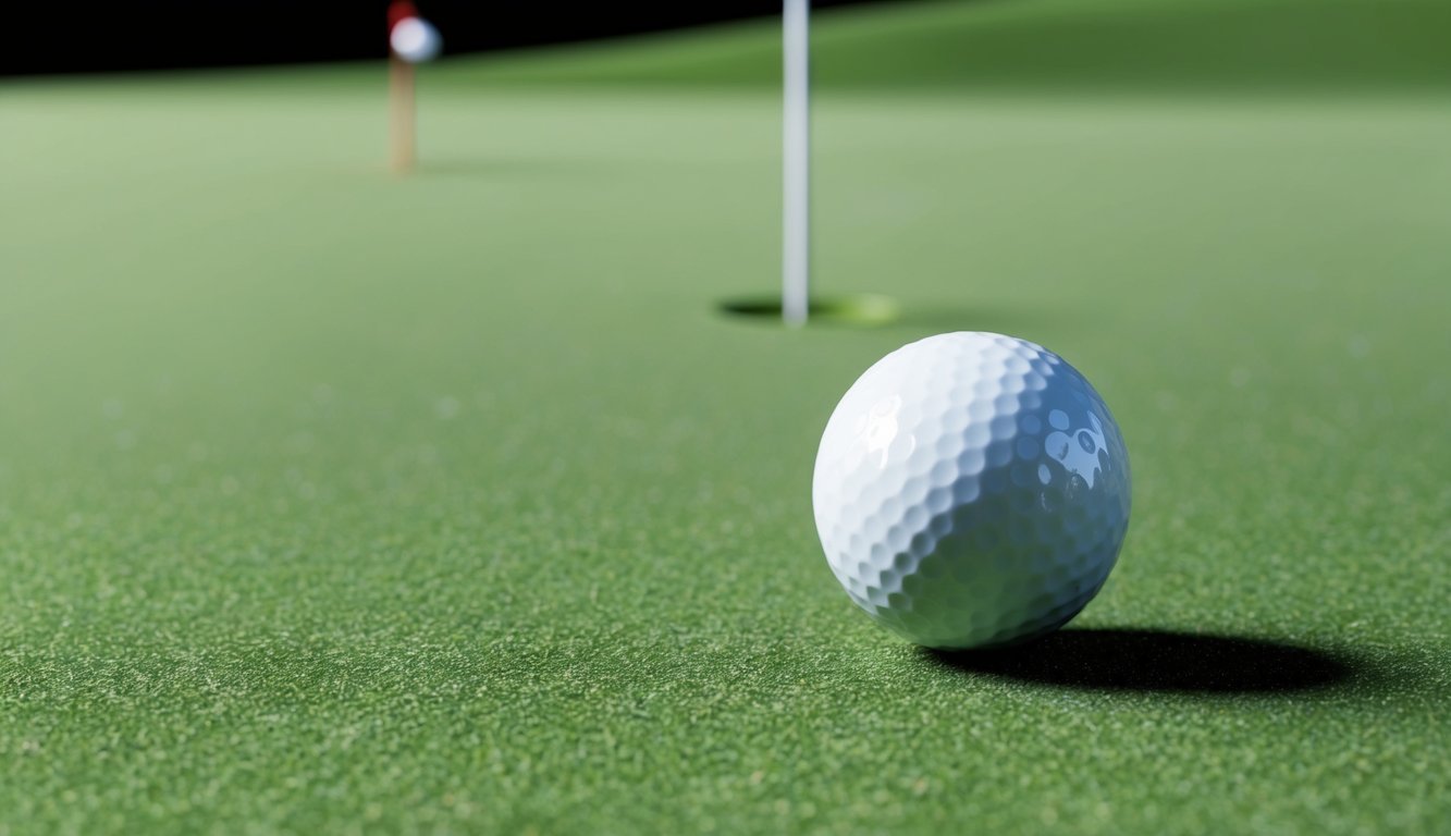 A lone golf ball sits on a smooth, green surface with a single hole in the distance