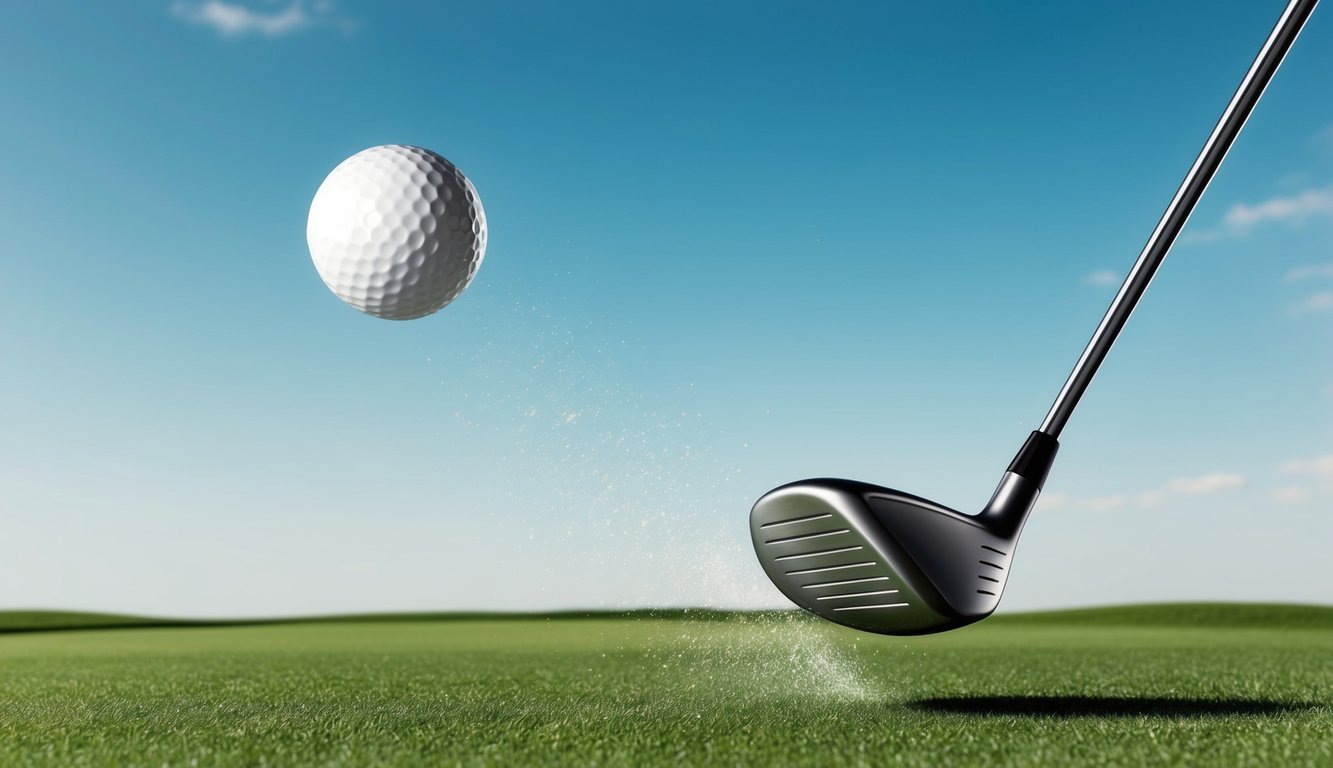 A golf ball soaring through the air after being struck by a forgiving driving iron, with a clear blue sky and lush green fairway in the background