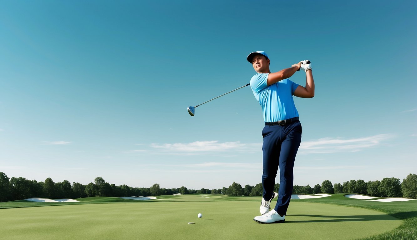 A golfer tees off with a forgiving driving iron, sending the ball soaring across a lush green fairway under a clear blue sky