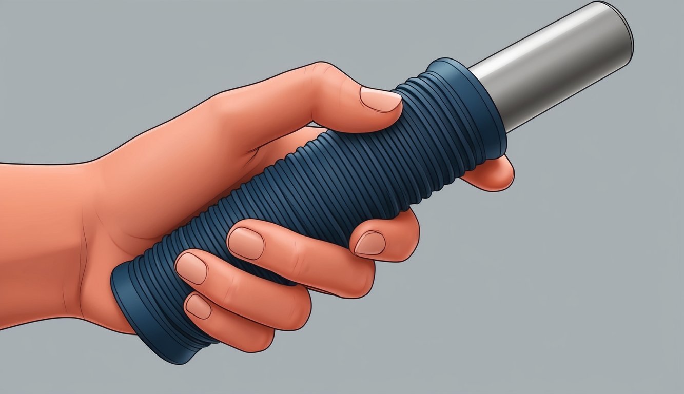 A hand wrapping a rubber grip around a cylindrical object