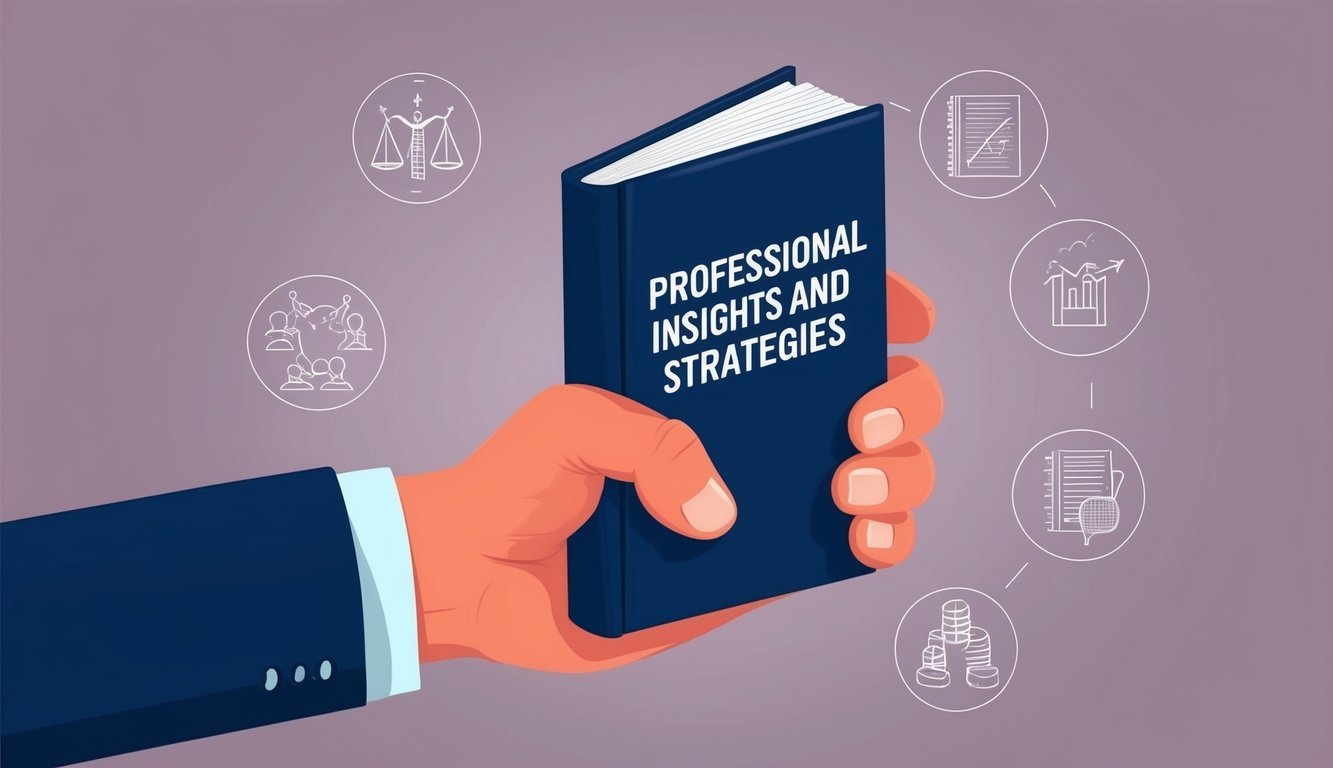 A hand gripping a professional insights and strategies book with determination