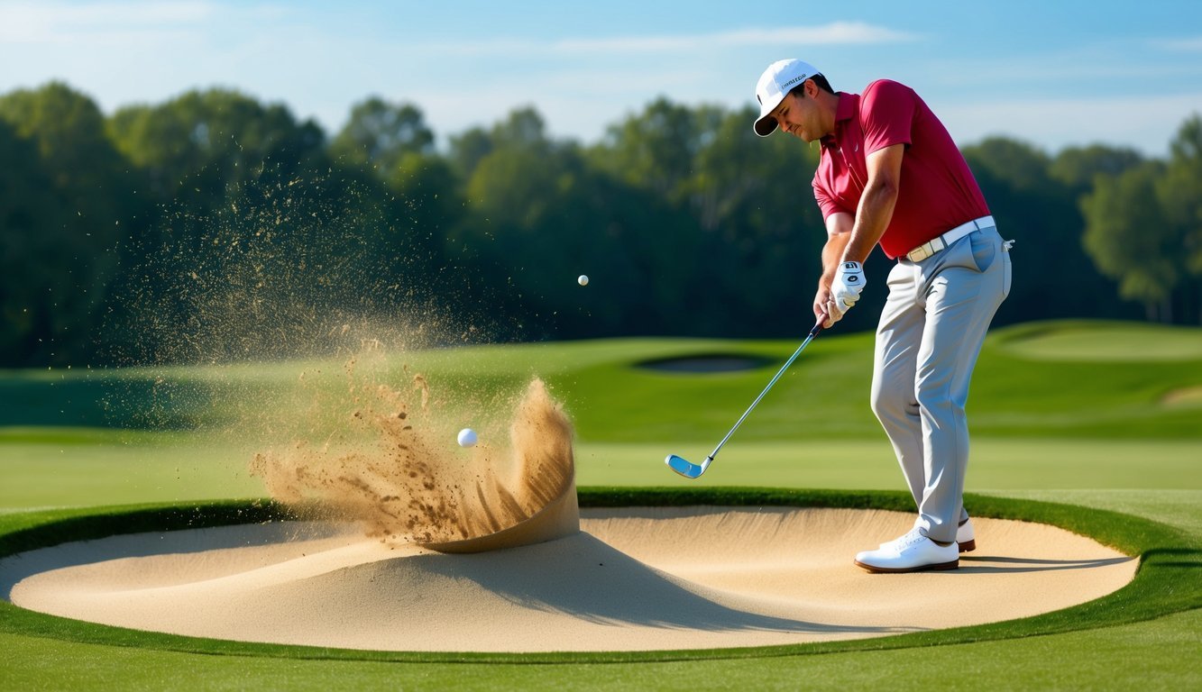 A golfer swings a sand wedge, launching a ball from a sand trap onto the green