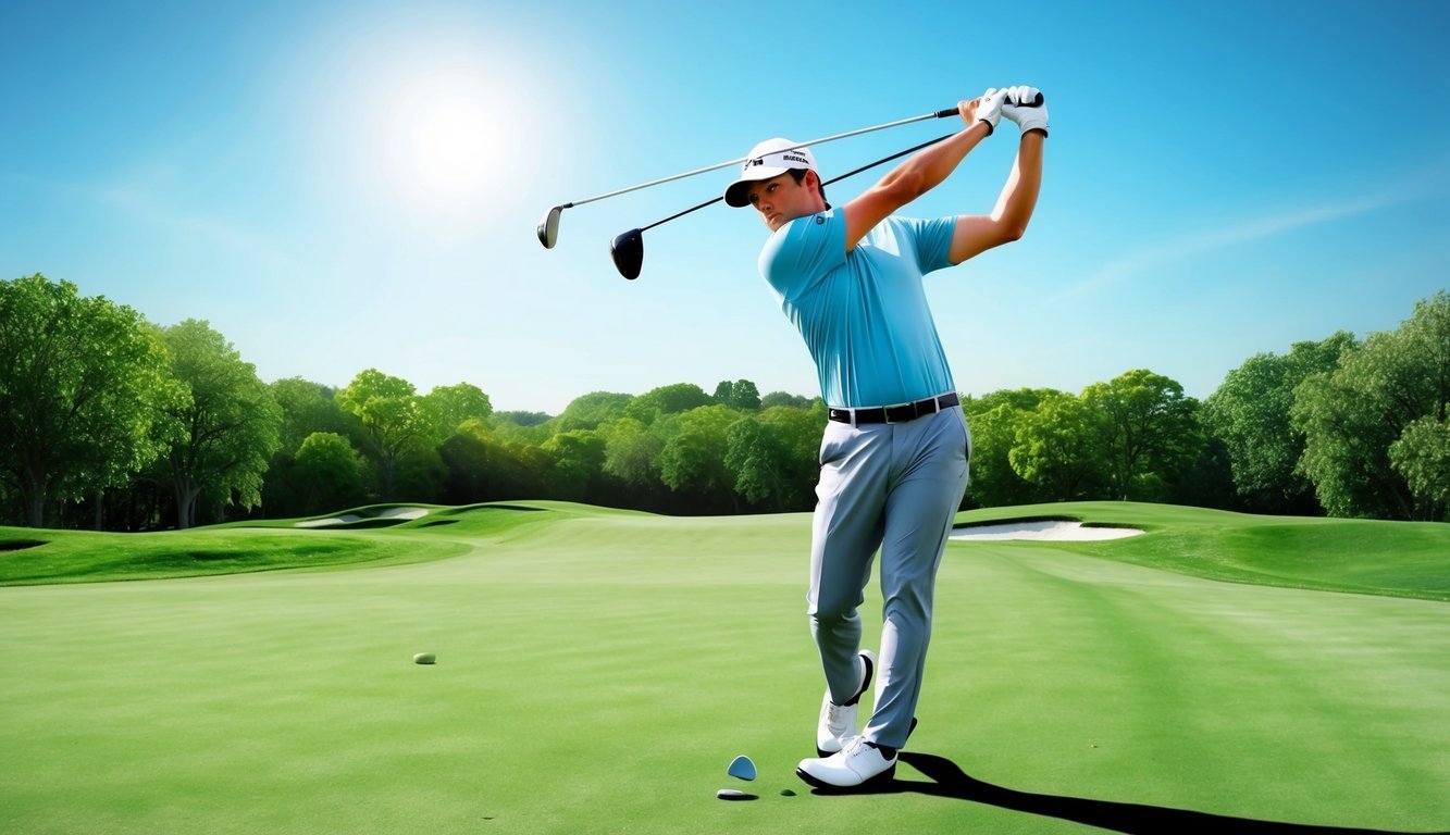 A golfer swings two wedges, one for pitching and one for sand, on a lush green fairway under a clear blue sky