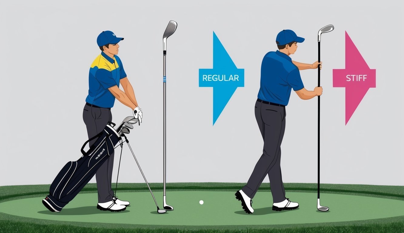 A golfer comparing a regular and stiff shaft on a golf club, examining the flexibility and rigidity of each