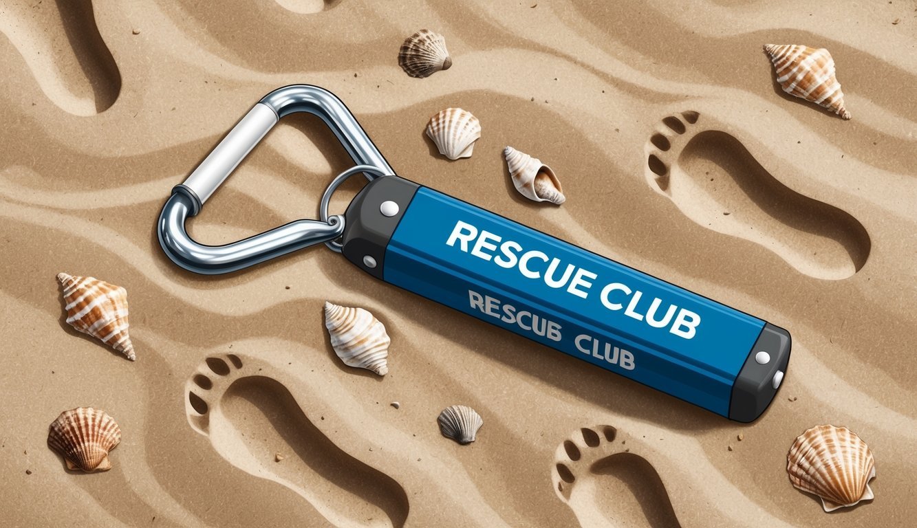 A rescue club lies abandoned on a sandy beach, surrounded by footprints and seashells