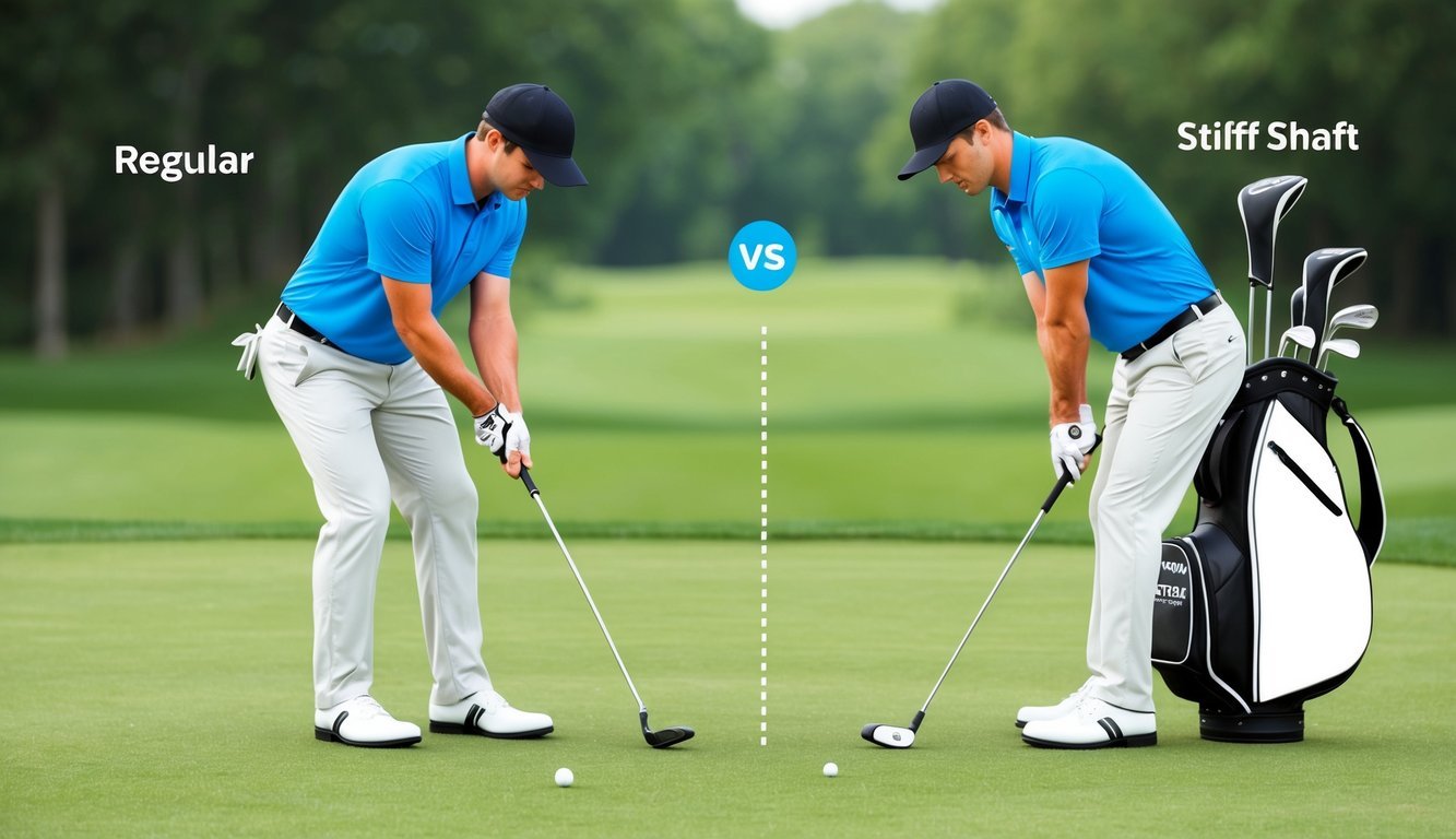 A golfer comparing a regular and stiff shaft club, adjusting the equipment to their swing