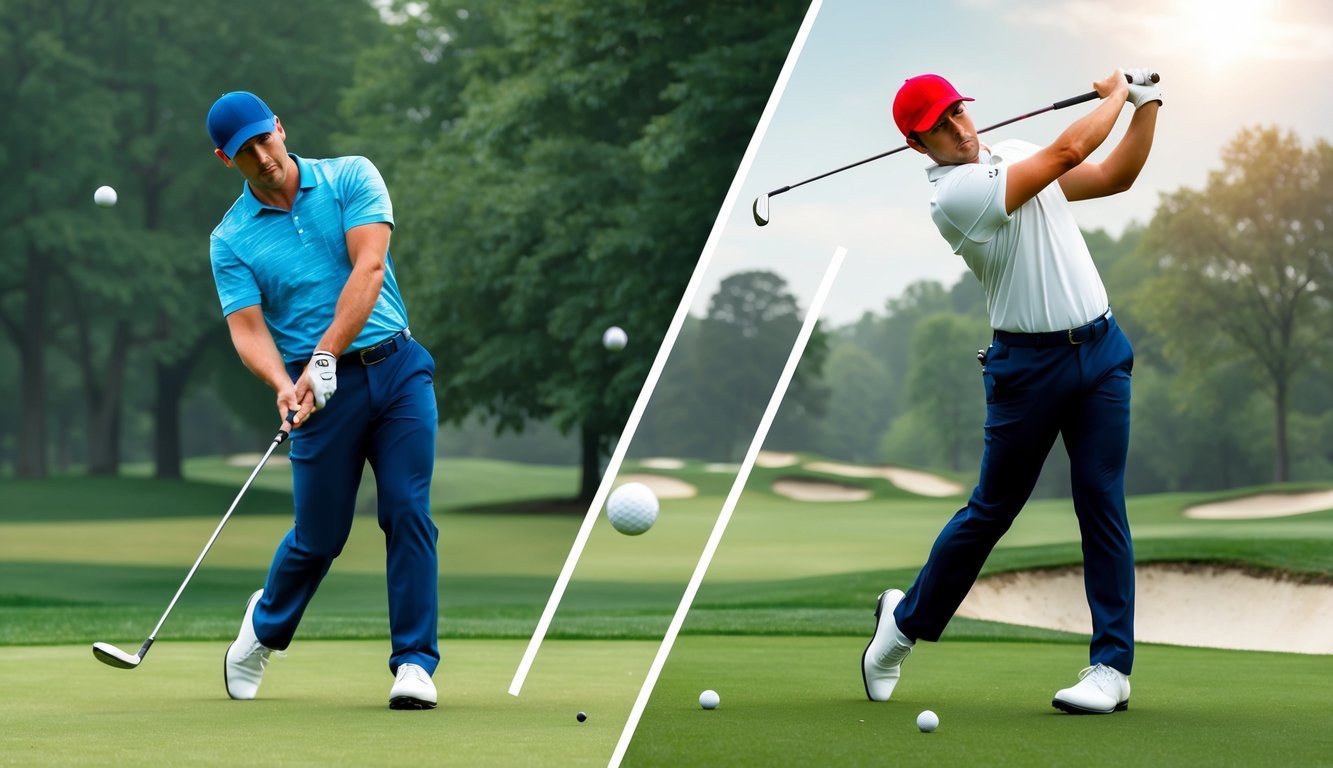 A golfer using a regular shaft struggles to control their swing, while another with a stiff shaft hits the ball with ease