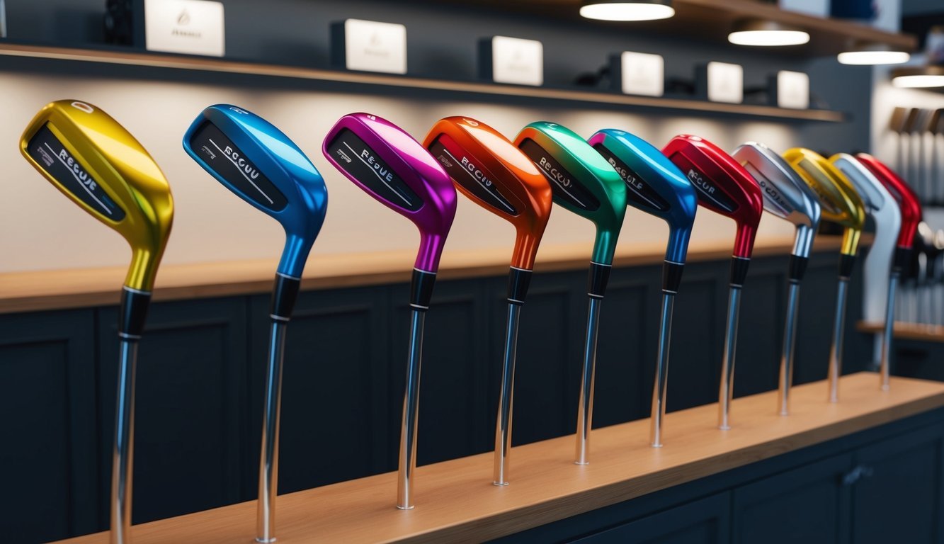 A row of colorful rescue clubs displayed on a shelf in a well-lit golf pro shop