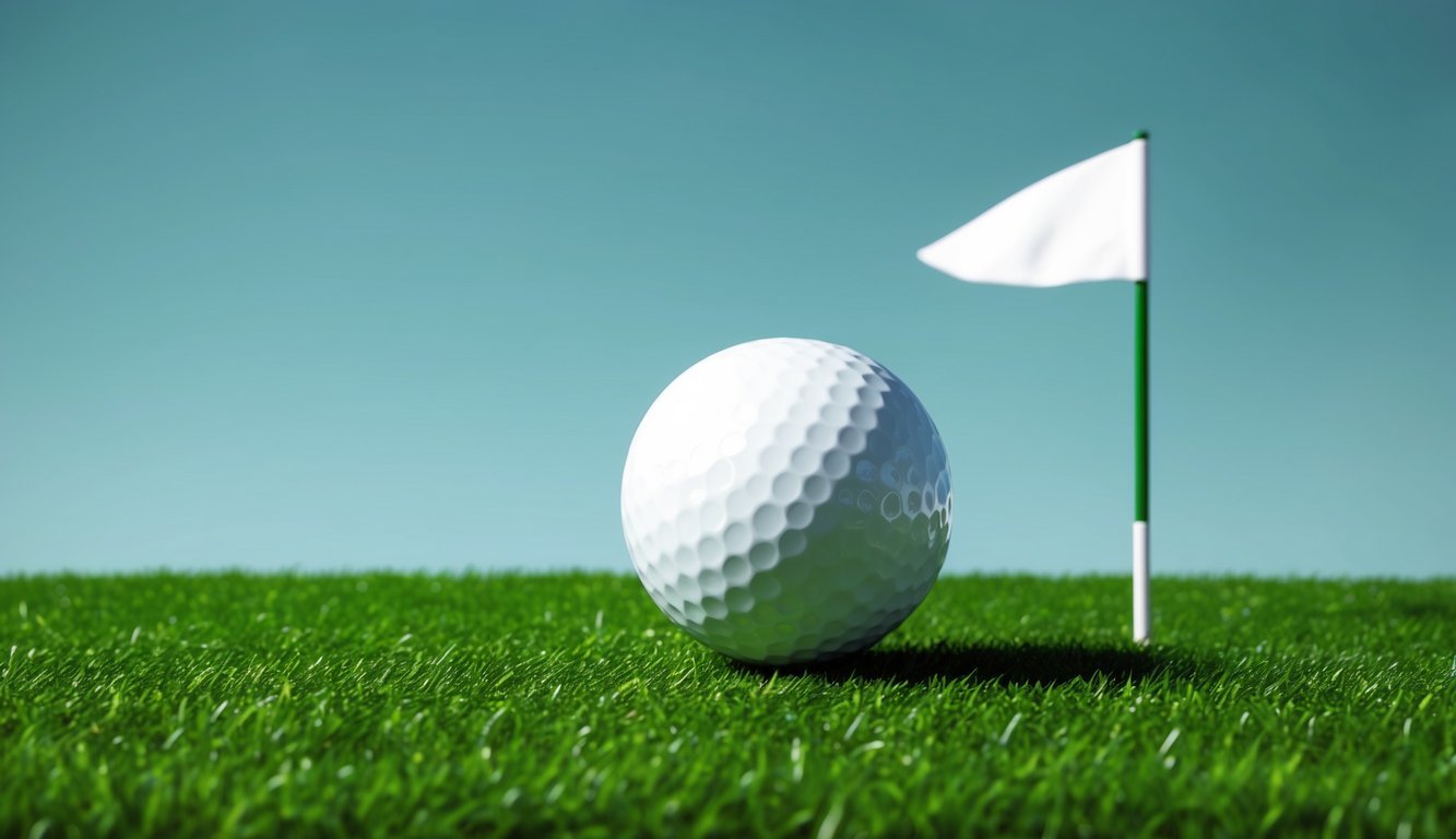 A golf ball sitting on the green, surrounded by lush, well-manicured grass and a flag fluttering in the gentle breeze