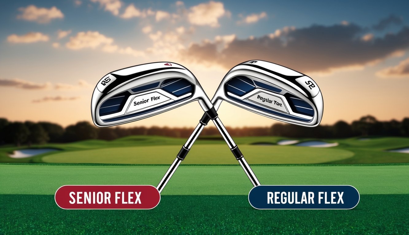 Two golf clubs side by side, one labeled "senior flex" and the other "regular flex", set against a backdrop of a golf course