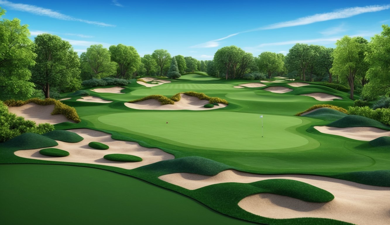 A golf course with various terrains and obstacles, surrounded by lush greenery and under a clear blue sky