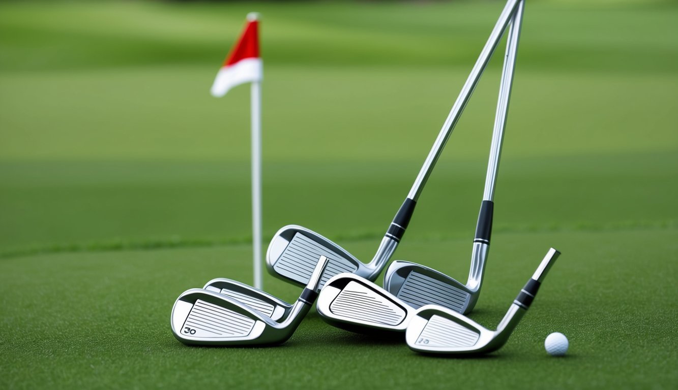 A group of golf clubs arranged on a neatly manicured green with a flagstick in the background