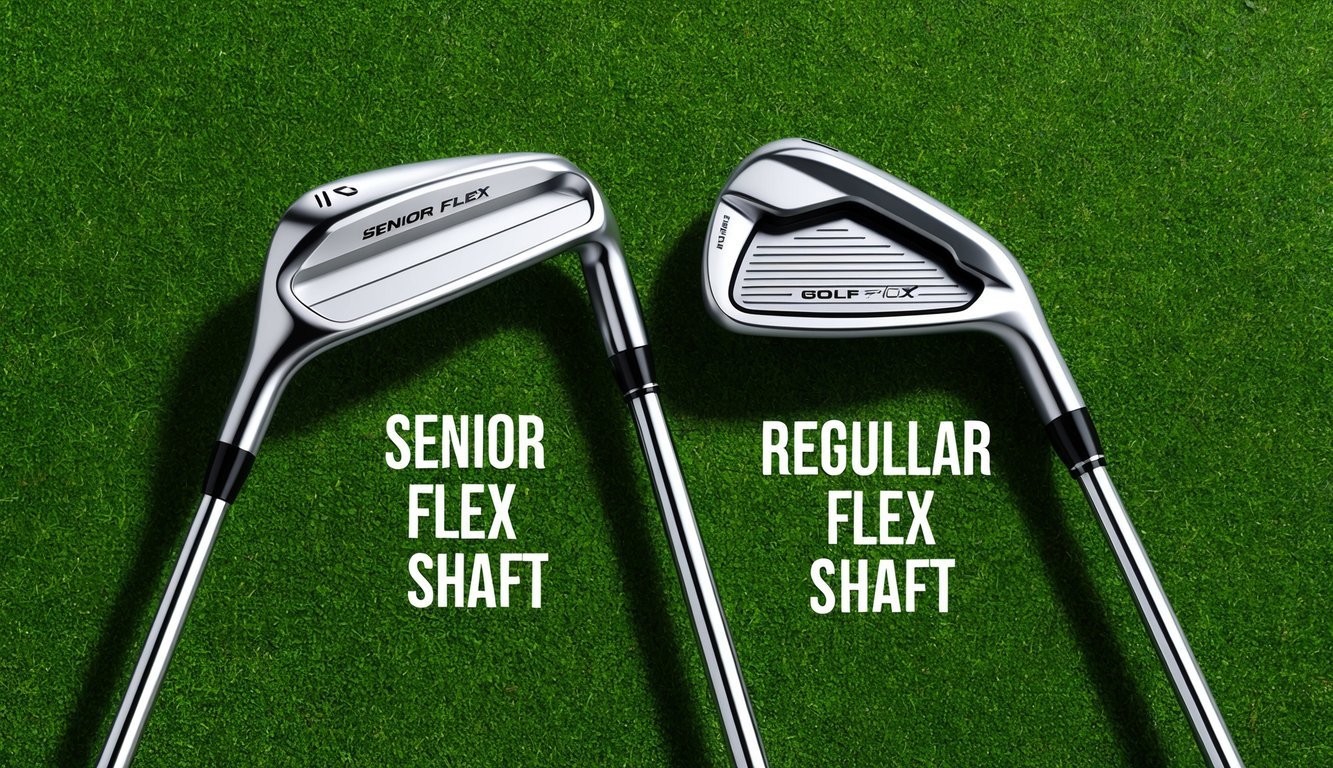 A golf club with a senior flex shaft next to a golf club with a regular flex shaft, both placed on a grassy fairway