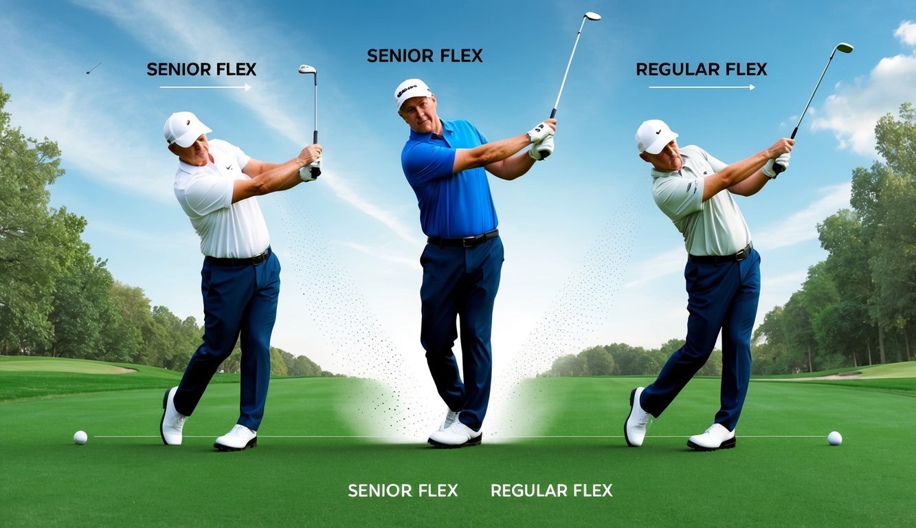 A golfer swings two clubs, one with senior flex and one with regular flex, comparing the trajectory and distance of their shots