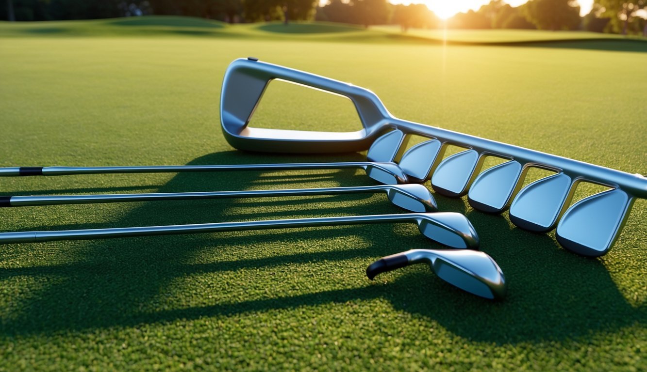 A set of standard iron lofts arranged neatly on a grassy golf course, with the sun casting long shadows in the late afternoon