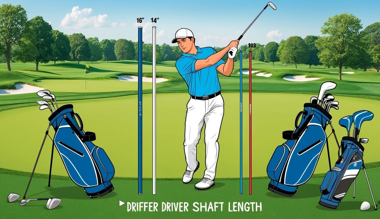 A golfer testing different driver shaft lengths on a range, surrounded by various golf clubs and equipment