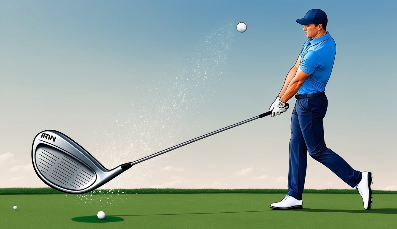 A golfer swings a club, sending the ball soaring through the air, while the iron loft angle is visible on the clubhead