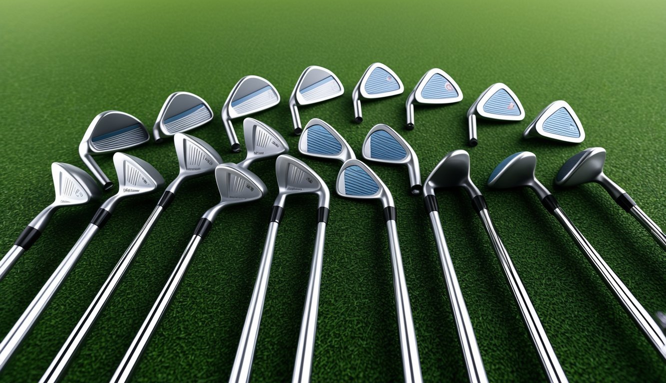 A set of golf clubs arranged neatly on a grassy field, with various types of irons displayed, each with different lofts