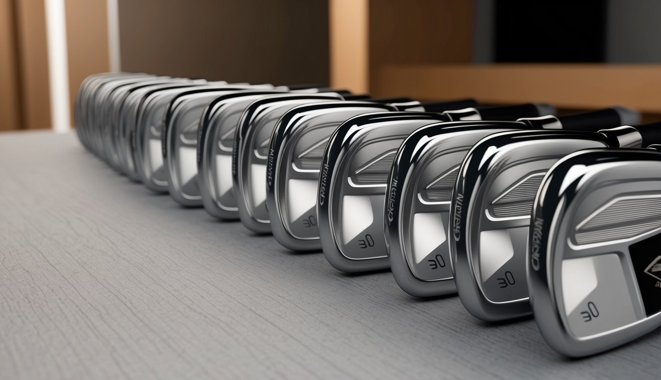 A row of standard iron clubs arranged on a table, with a manufacturer's logo displayed prominently