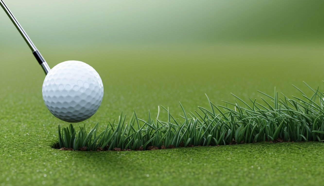 A golf ball skimming low over the grass, leaving a thin trail of divots in its wake