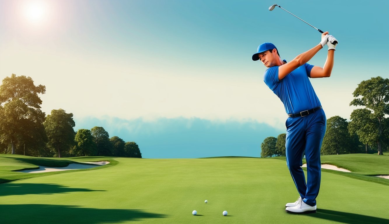 A golfer swings two irons, one steel and one graphite, on a lush green fairway under a clear blue sky