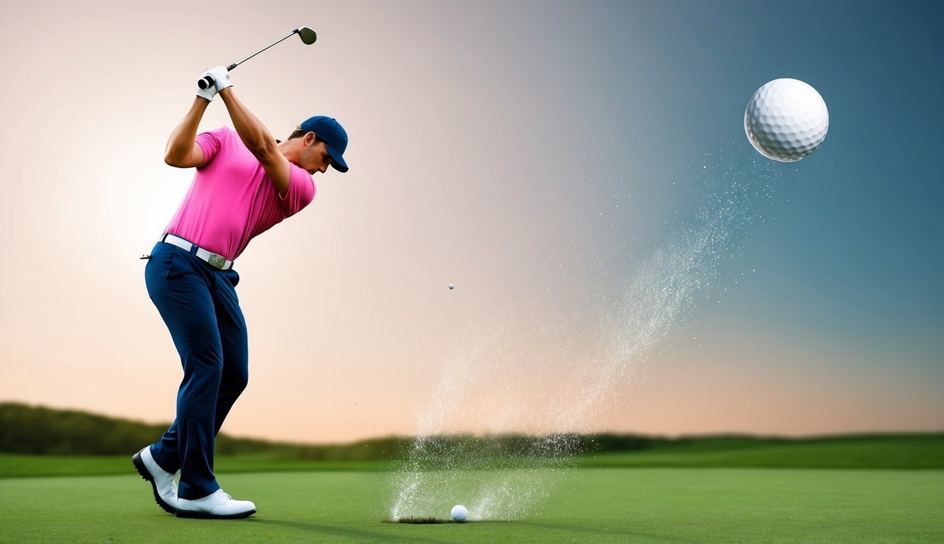 A golfer swings a club, striking the ball cleanly and sending it soaring through the air