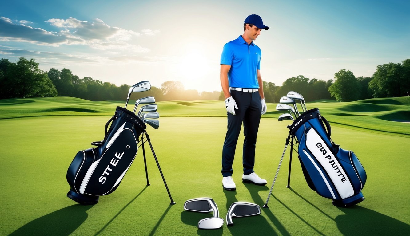 A golfer stands on a lush fairway, comparing a steel and graphite iron set.</p><p>The sun casts long shadows across the green as the player considers their options