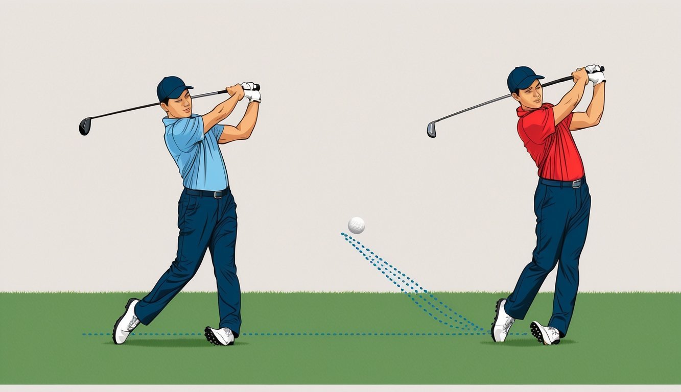 A golfer swings a steel iron and a graphite iron, comparing the trajectory of each ball