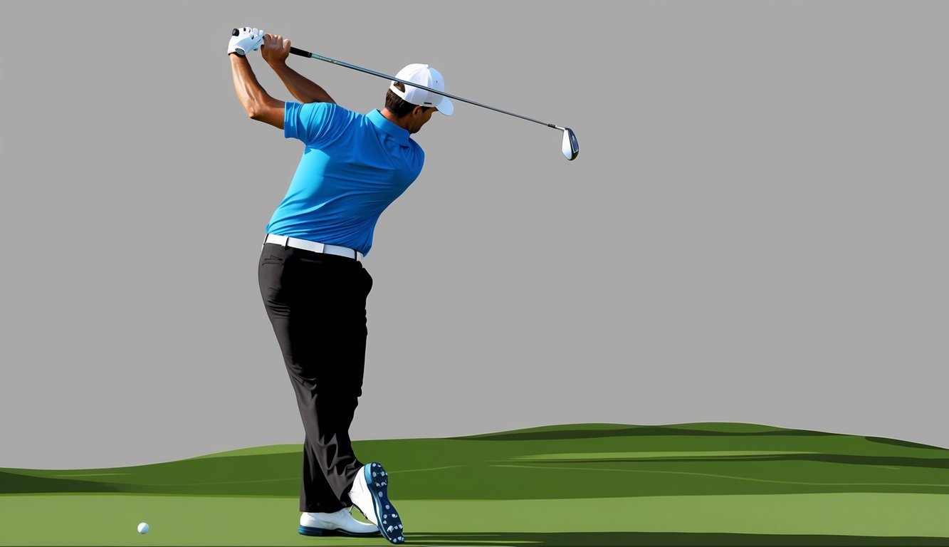 A golfer's straight left arm extends as they swing the club