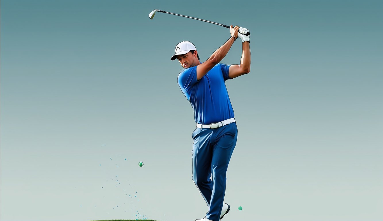 A golfer with a straight left arm transitions into the downswing, showcasing the dynamic movement of the swing