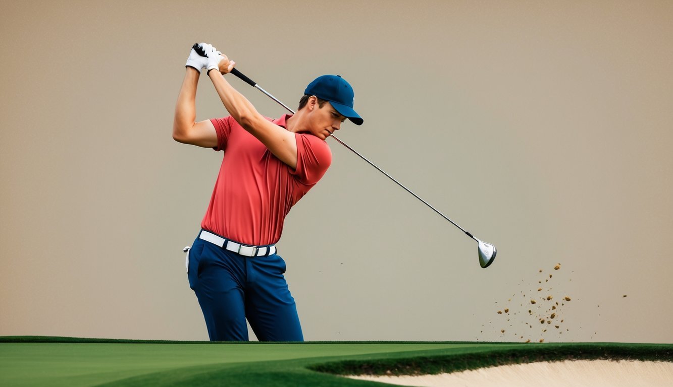 A golfer completes a swing with a straight left arm, focused and purposeful