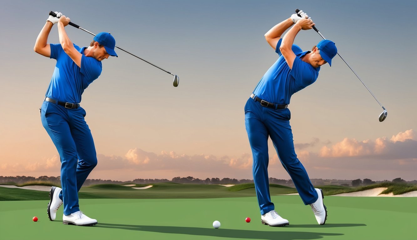 A golfer swinging with a straight left arm, practicing drills and exercises