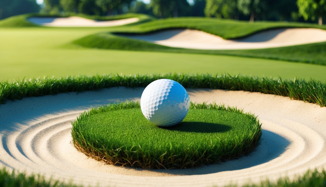 A golf ball sits in a perfectly manicured patch of grass, surrounded by sand traps and lush greenery