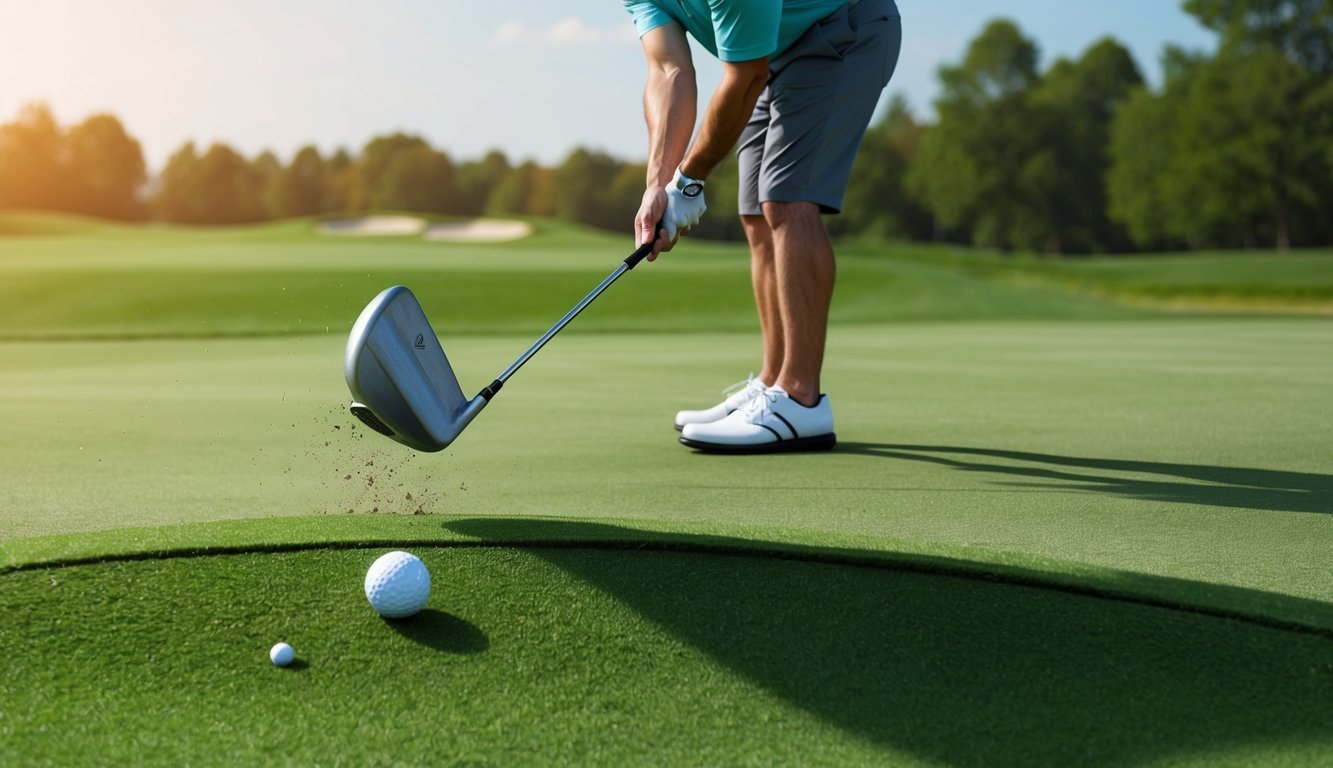 A golfer using a wedge to execute a precise swing on a tight lie, with the ball nestled close to the ground