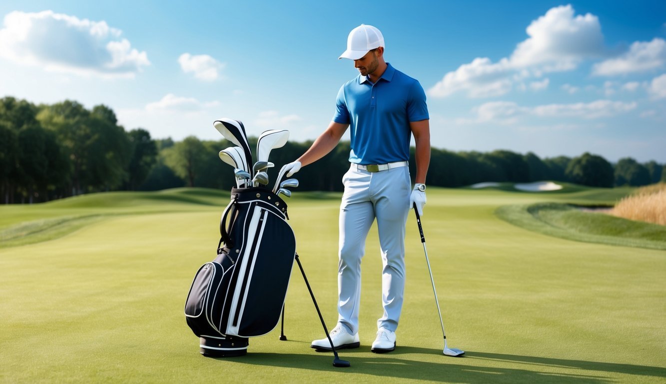 A golfer carefully selects the right club from their bag on a neatly manicured fairway