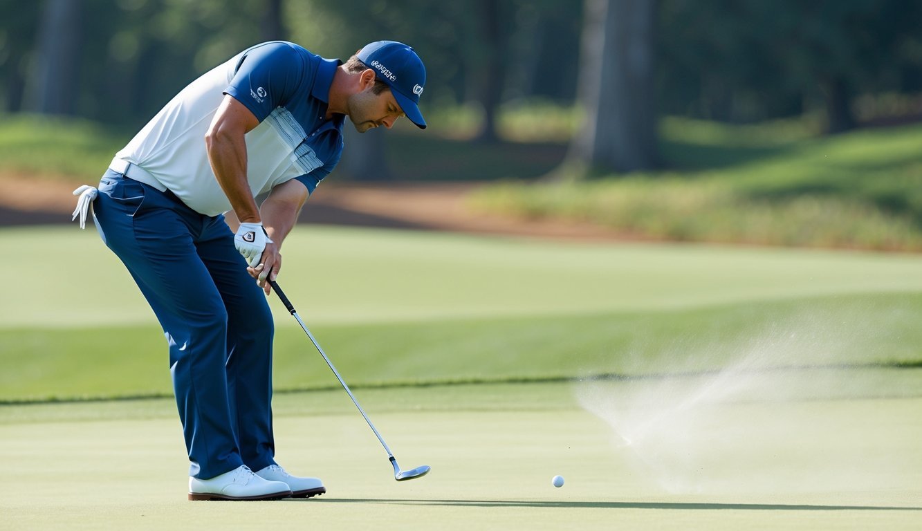 A golfer executes a tight lie shot with precision and focus