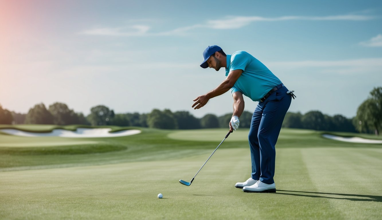 A golfer practices hitting a golf ball from a tight lie on the fairway, focusing on precision and control