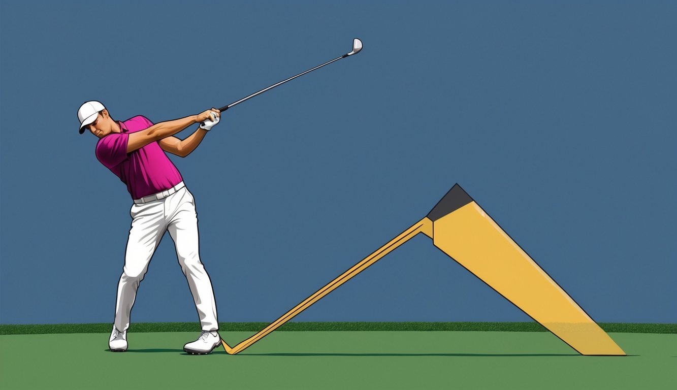 The golfer's body pivots as the club swings, shifting weight from back foot to front foot