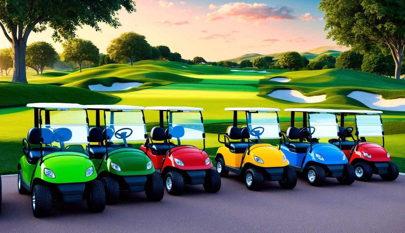 A row of colorful golf carts parked neatly on a lush green golf course, with trees and rolling hills in the background