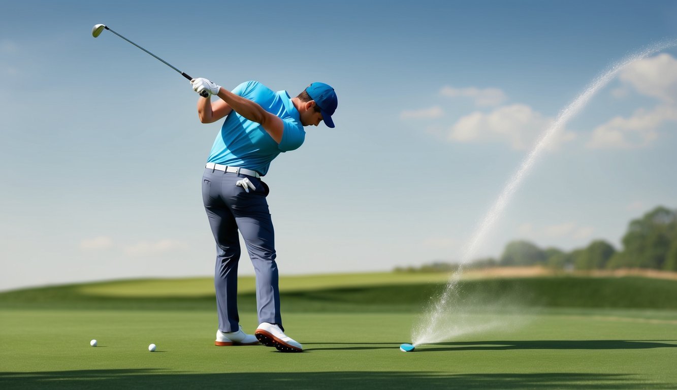 The golfer's body pivots smoothly, transferring weight from back foot to front foot, as the club swings through the air