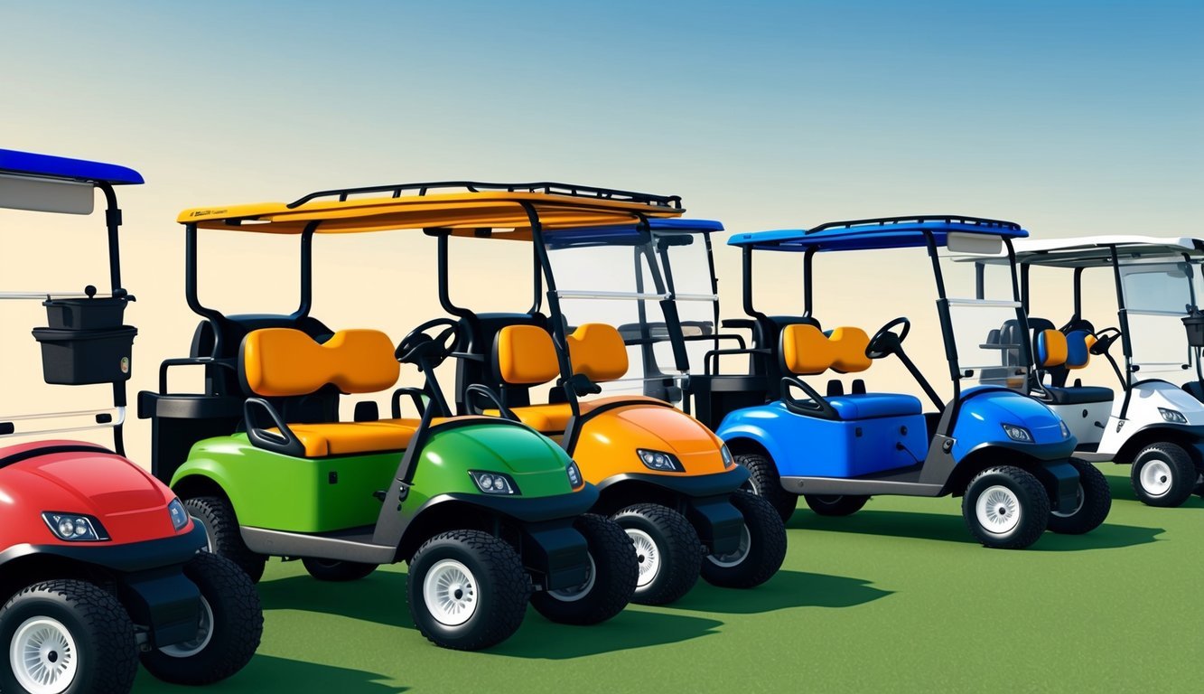 A row of golf carts lined up, each with different features and equipment types, such as roof racks, ball washers, and cooler holders