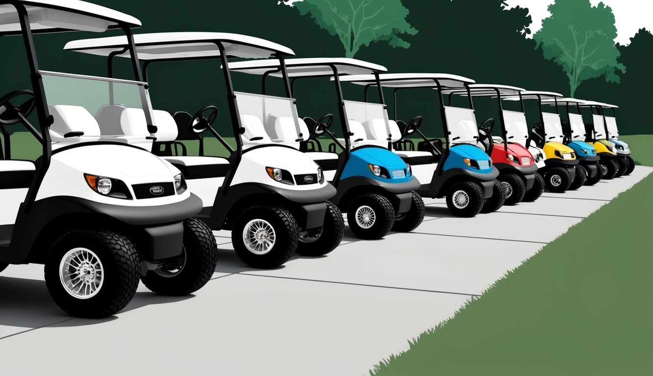 A row of golf carts lined up, each with different features and specifications.</p><p>Some have larger wheels, others have sleeker designs, showcasing the variety available for performance and specifications