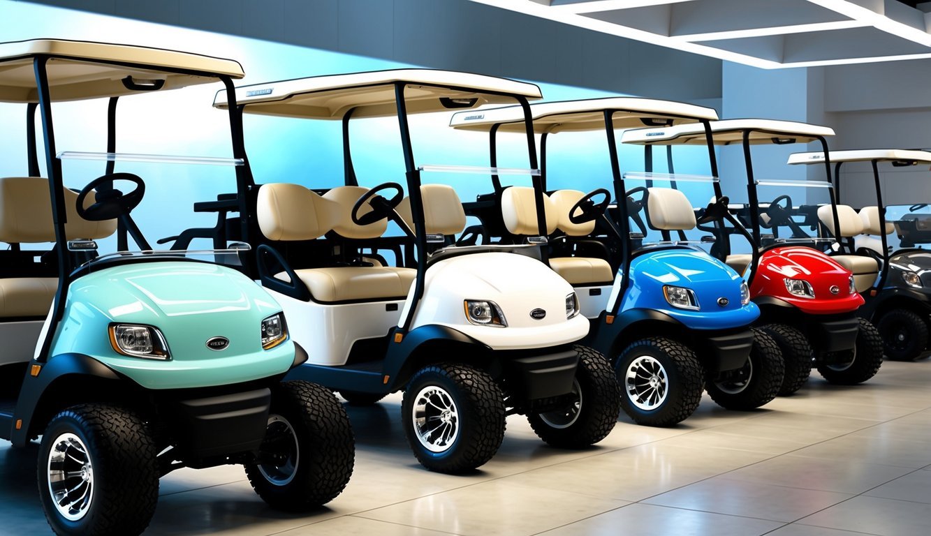 A row of golf carts lined up in a showroom, each with different features and designs.</p><p>Bright lighting highlights the various models on display