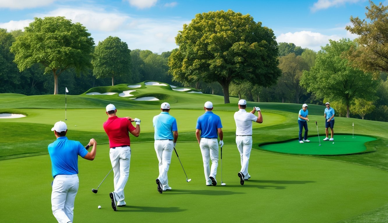 A group of golfers playing a round of traditional golf on a lush green course, while others enjoy a game of mini-golf nearby