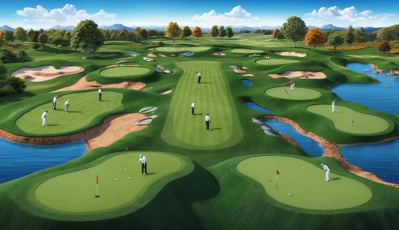 A golf course with various types of games being played on different holes