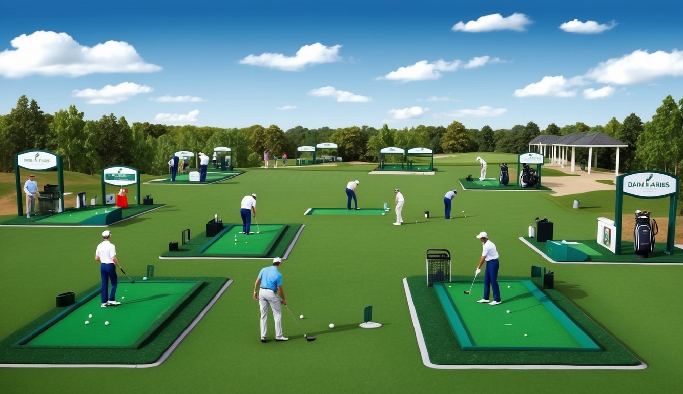 A golf course with various game stations and equipment.</p><p>Players engaged in different types of golf games, such as putting challenges and driving range practice