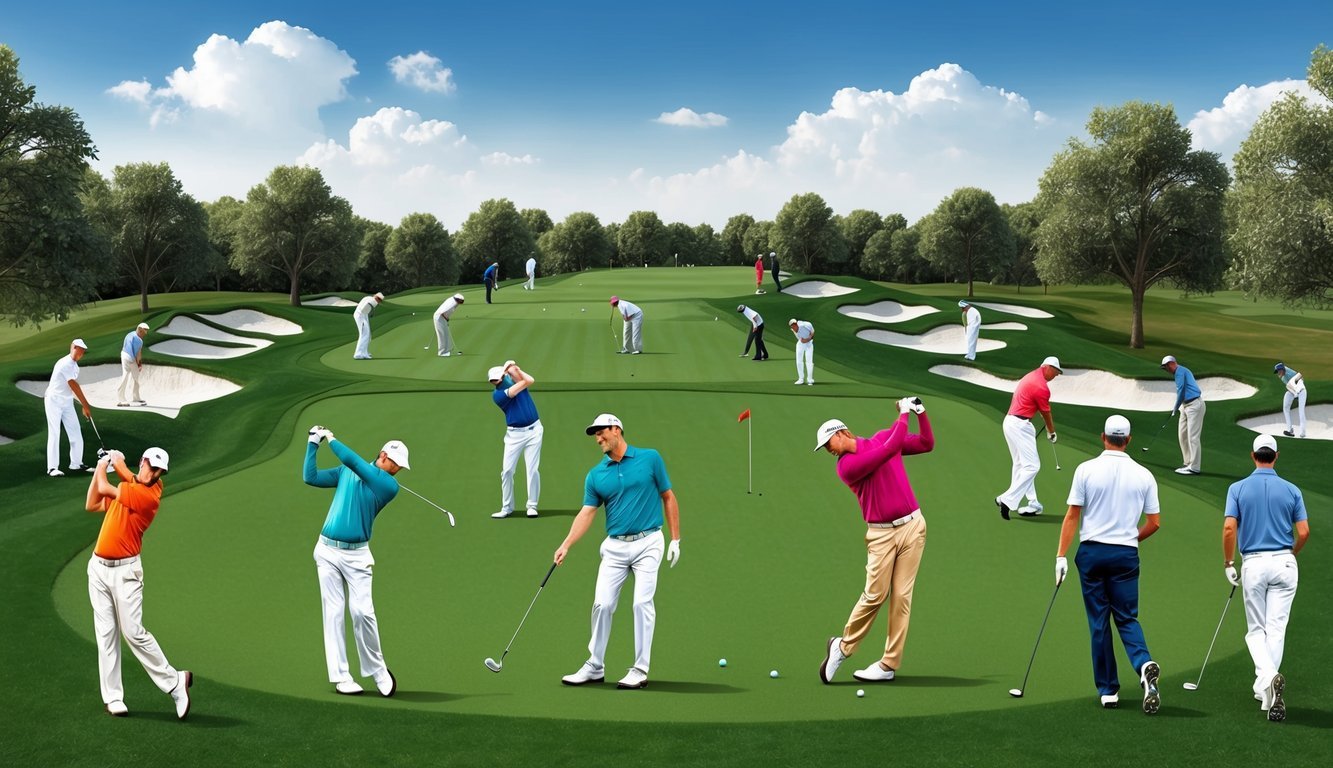 A golf course with various players competing in different types of golf games