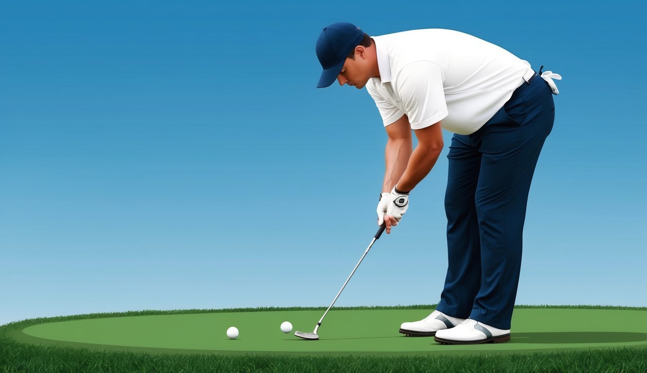 A golfer drops a ball onto the grass, repositions their club, and prepares to take a second shot