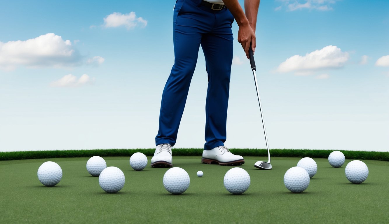 A golfer standing on the tee, holding a golf club, with multiple golf balls scattered on the ground, deciding which ball to use